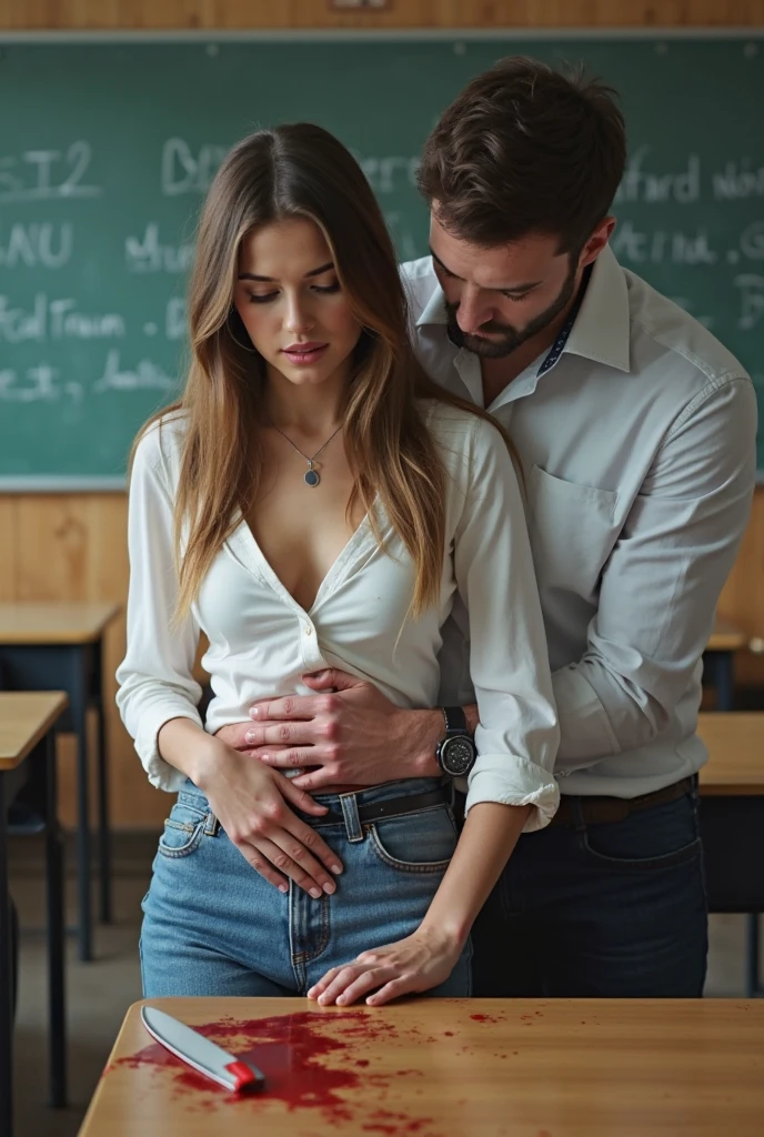 A man hugs a naked female school girl in a classroom., A young woman turns her back to the camera., The man grabbed her butt. So true.