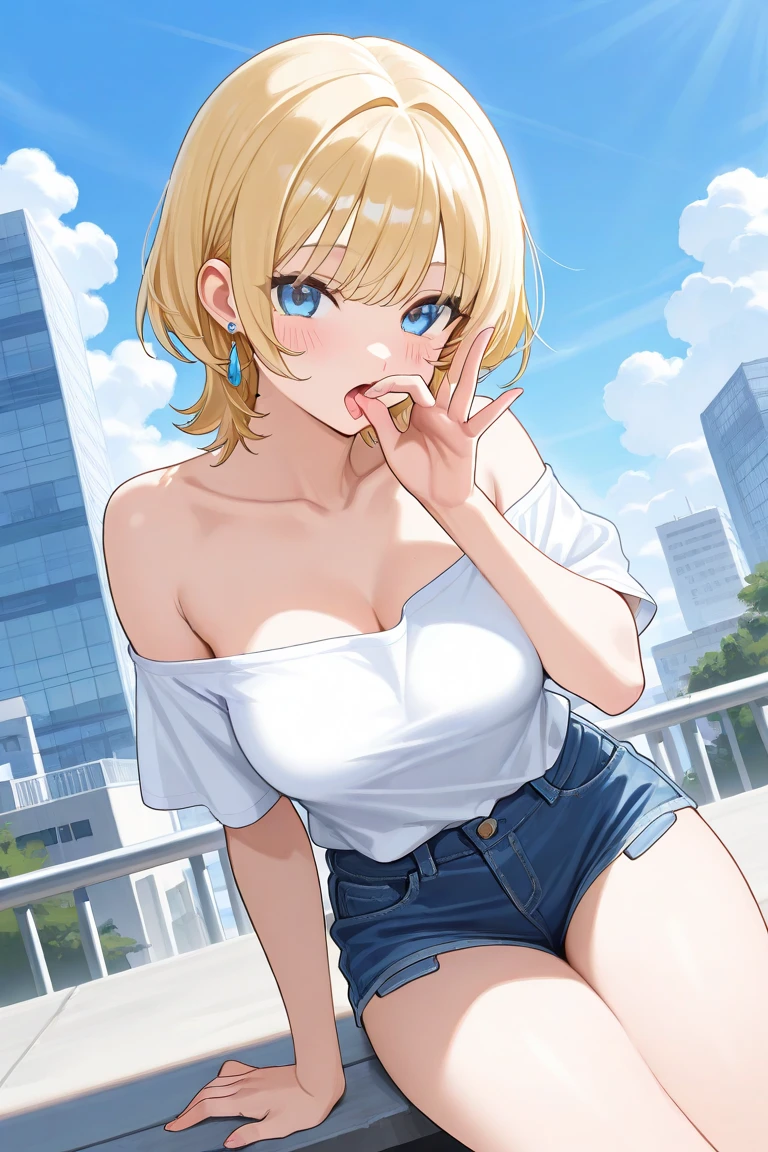 1girl, white bikini, black jeans, big breast, medium thighs, standing pose, one hand on the hip, big city, tokyo, looking at the viewer, short hair, light brown hair, hair ribbon, aqua eyes, half-closed eyes, blush, yandere, atmospheric perspective, cowboy shot, anime, best quality, high details, masterpiece, 8k