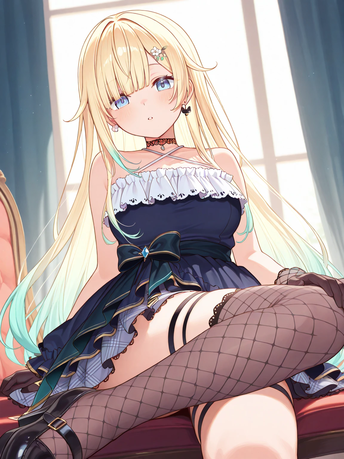 (masterpiece, Highest quality:1.2), alone, One girl, Aizawa Ema, smile, Mouth closed, View your viewers, squat, Spreading her legs,hair ornaments, dress, gloves, Black Choker, jewelry, Earrings,Satin panties are visible,