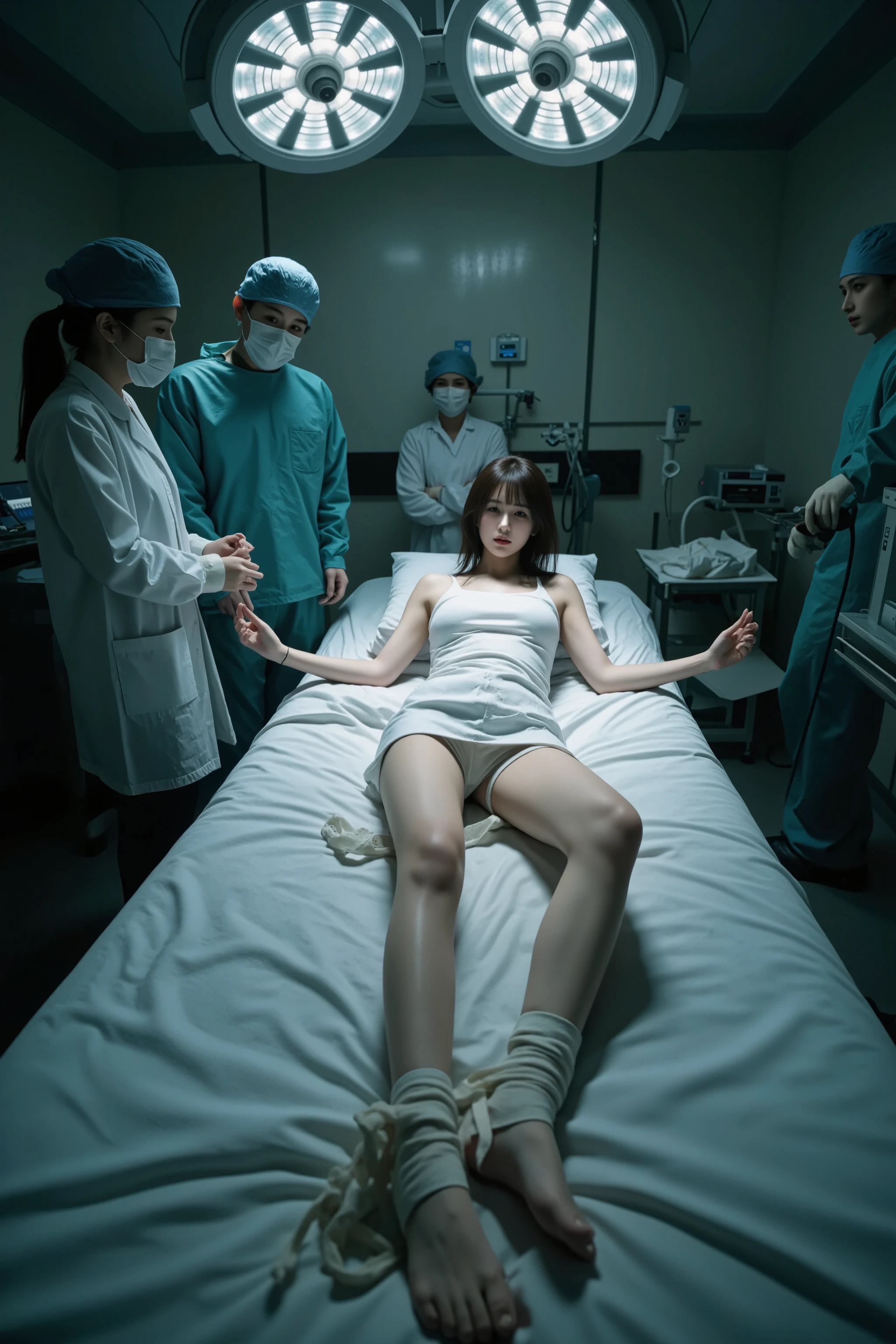 ((Realistic image)), Asian woman in the 1990s, Age 25, large lying on the bed, spread your arms, legs open in the shape of an X., In confinement, bound legs, , found tied up in the operating room, surrounded by doctors with legs open in the shape of an X, rse, Young people, tied up, undressed and treated、Fear of disgust, high resolution, Photorealistic, HDR, extreme details, EXTREME DETAIL BY EXPERTS, vivid colors, High Quality, 4K, Like the real world, Photo shoot, PORTRAIT, dark, getting horror pee