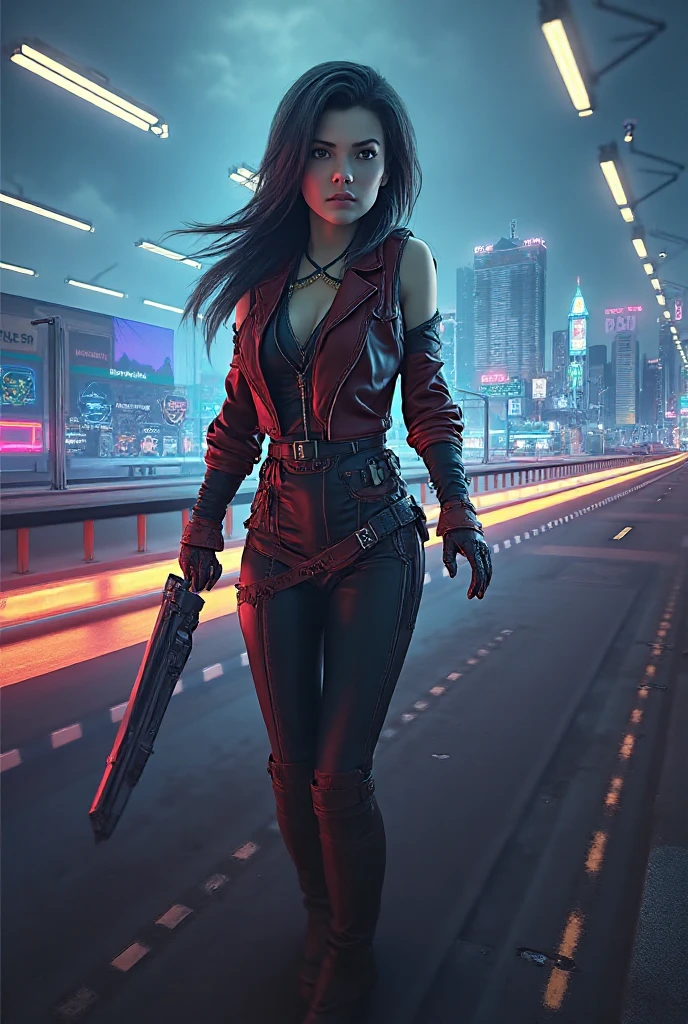 cyberpunk-style city with a nocturnal vibe with Blade Runner-like aesthetic references, glowing huge clock tower as time machine. At night, (1girl, solo, alone), photorealistic, medium-breast slim:0.6 body, oval:0.5 face, cleavage:1.1, sexy black laced bra, miniskirt, white laced panty, coat, (black micro sunglasses), (holding a short gun), (slightly leaning forward running pose), ((half-body thigh level medium shot)), cinematic lighting, ray tracing, motion blurred background.