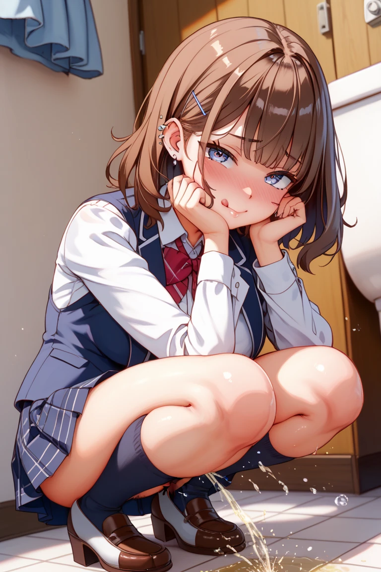 NSFW、Crouching、独奏、Toned body、Bare thighs、Crouching、squat、(Panty shot、White panties、Panties transparent with sweat、Mansuji)、（uniform、Dark blue blazer、Light blue ribbon、White shirt、Collared shirt、Grey Micro Mini Skirt Grey、Grey Pleated Skirt Grey）、シャツ越しに透けたBig Breasts、(short hair、Brown Hair、Barrette、hair ornaments)、(Brown eyes:1.5)、(yuihirasawa、yui hirasawa、Yui Hirasawa)、Big Breasts、Women&#39;s High、classroom、独奏