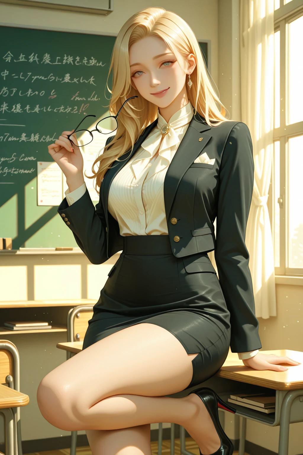 ((knee shot)), Shot from a random perspective, 22-year-old Asian model, slim, Slimming the waist, curlies, JK service, Black blazer, black cloaths, White pleated skirt, warm lights, Warm tones Slender legs, Cross ed leg, In the classroom, sitting on the classroom desk, warm lights, a warm color palette, Dynamic pose, posing elegantly, blonde hair, streaked hair, hair ornament, heart-shaped pupils, makeup, light smile, shy, licking lips, Romanticism, Social realism, chiaroscuro, motion blur, anaglyph, Sony FE GM, UHD, masterpiece, textured skin, super detail, best quality