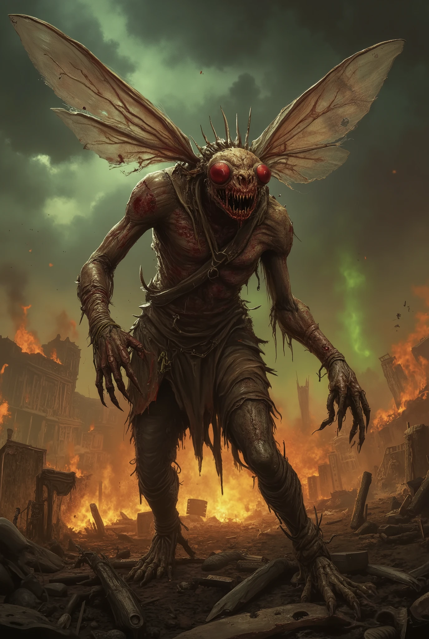 Terrifying anthropomorphic zombie fly in a post-apocalyptic landscape. The creature stands upright, with decaying insect flesh, glowing red compound eyes, torn wings, and sharp, dirty claws. It wears remnants of tattered human clothes and its mandibles drip with slime. The background is a ruined city in flames, with dark clouds, broken buildings, and radioactive green mist. Cinematic horror vibe.