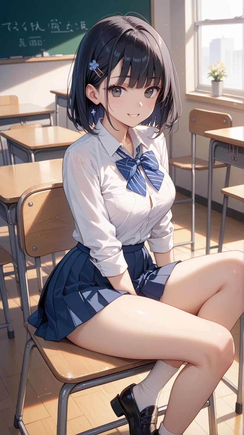 NSFW、(Short sleeve white sailor uniform:1.3)、(Dark blue micro mini skirt dark blue:1.2)、(White string panties:1.2)、Dark blue micro mini skirt dark blue、Mature Woman、Toned body、Big Breasts、(tall、daddy longlegs、175cm)、(quality))、((masterpiece))、(これはclassroomでセーラー服を着たセクシーな女子高生のクローズアップショットです:1.4)、(solo:1.4)、(One girl:1.4)、(Very short black hair:1.3)、(Light blue eyes:1.2)、(belly button:1.1)、(Navy collar、Yellow tie)、Dark blue micro mini skirt dark blue、Recommended results、Plump nipples、Stand up straight、Abdominal muscles、Huge bust、Angle to floor:1.2、Low camera angle、School、classroom