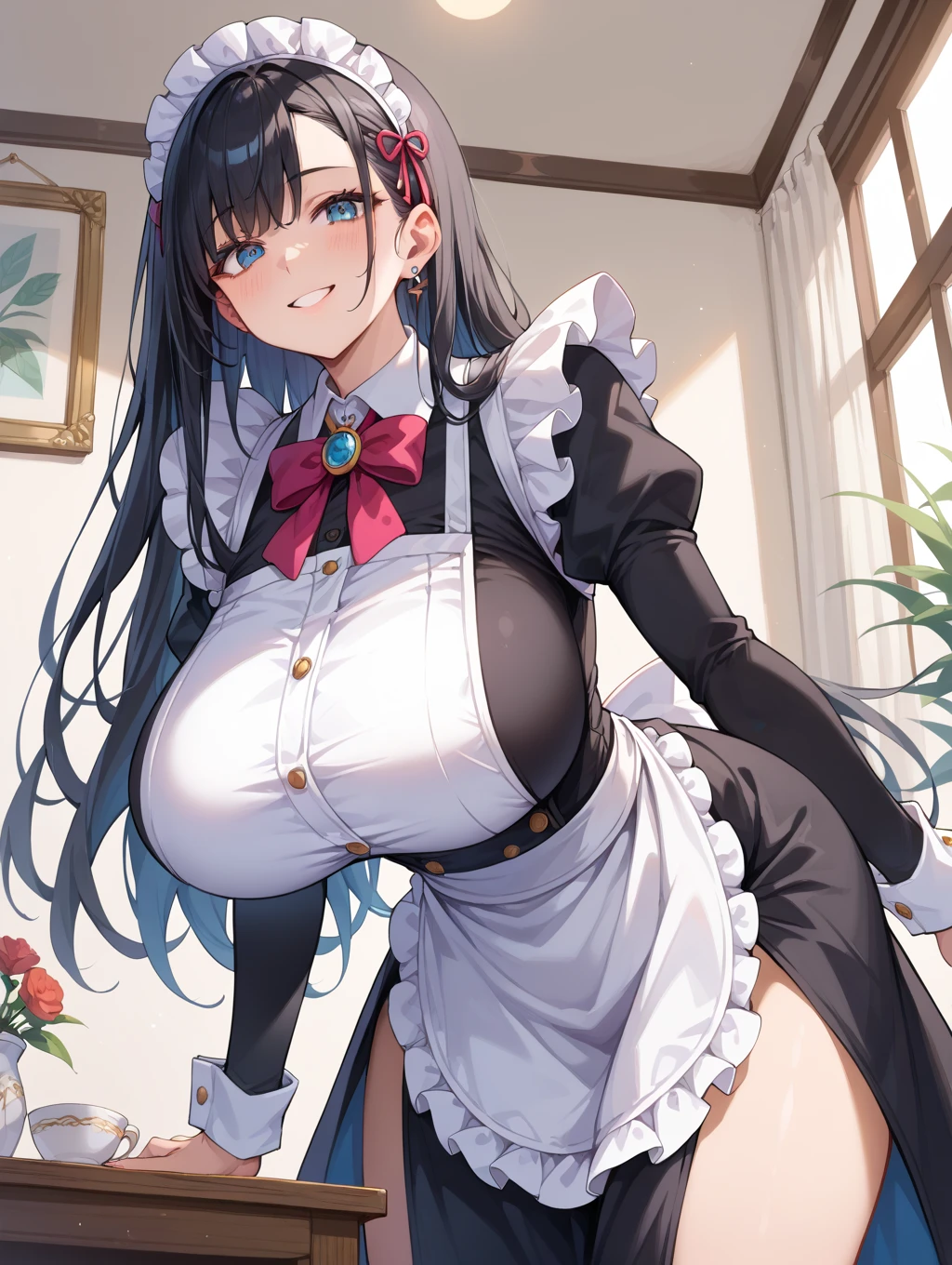 The waitress, a cheeky grin, brought a glass of blue goo, goo stains, a deep cleavage, a skirt, (garter stockings:1.2), a masterpiece, lewd woman, (revealing waitress dress:1.3), (exposed navel), (lift up skirt:1.3), (show g-strong:1.2) (too massive huge breasts:1.3), (spreading legs), (cameltoe:1.3).