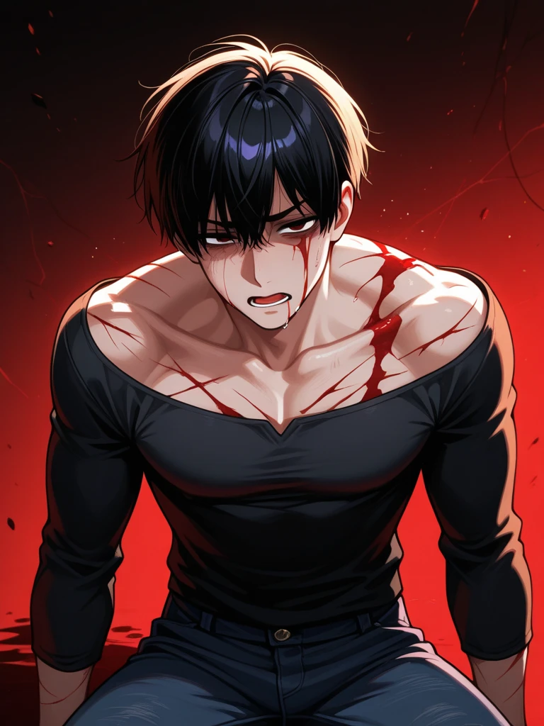 masterpiece, best quality, 1boy, black hair, red eyes, formal white shirt, ripped clothing, covered in blood, messy face, destroyed building, burning building, fire, sad, detailed eyes, detailed facial features, realistic and high resolution (best quality, 4k, 8k, highres, masterpiece:1.2)