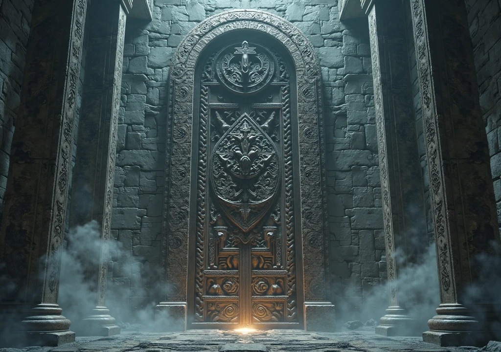A giant steel lock가 달린 고전적인 오래된 인도의 오래된 문, Carved flower and snake design., tied with steel chains, octane render, Cinema 4D Render, Hyper-detailed doors sealed with massive steel chains., closed door with lamp on wall, A flame of fire on the ground, Smoke on the ground, hell gate, Gates of Hell, Symmetrical epic fantasy art, Gates of Hell, Epic fantasy novel cover art, The Magnificent Occult Gates, And Mumford Tom Bagshaw, Gates of Hell, Portal to the Realm of the Lost Flame, And Mumford and Alex Gray Estilo, Portal to Hell, Sealed Steel Chain, giant lock, surreal, photorealism, movie lights, A giant steel lock, The fire torch hit the wall., Full color detail,