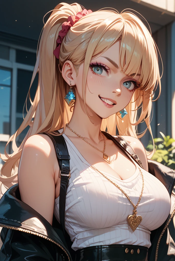 ((masterpiece, high quality, best quality, highly detailed, absurdres)), 1girl, (eyeshadow, eyelashes, eyeliner, glossy lips, full lips), (twintails:1.2), blonde hair, red eyes, thighhighs, nurse, smiling, upper body, cleavage, large breasts,
