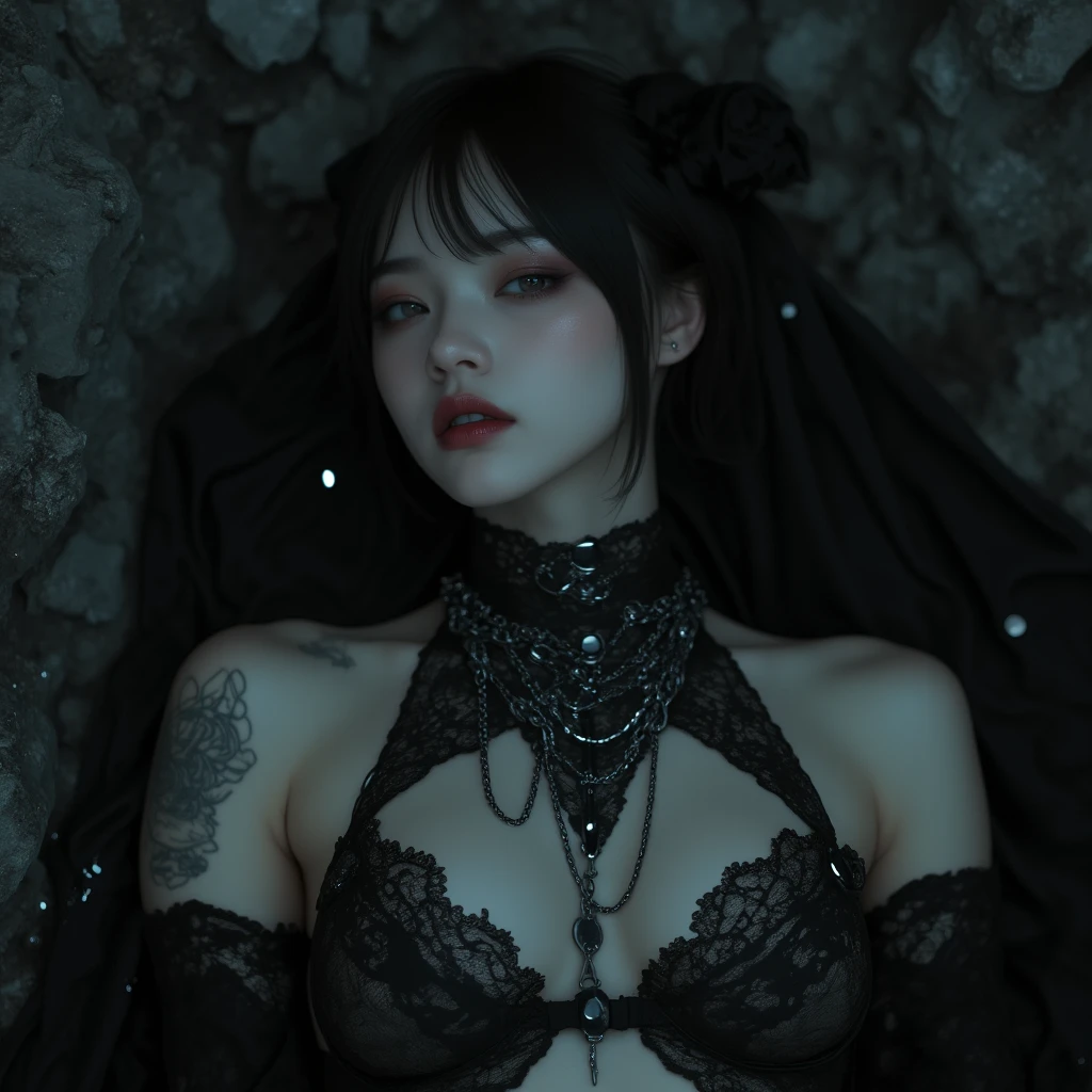 araffed woman in a black dress laying on a bed, goth girl, pale goth beauty, 1 7 - year - old goth girl, very beautiful goth top model, cruel korean goth girl, gothic horror vibes, dark goth queen, goth aesthetic, goth girl aesthetic, shikamimi, she has black hair with bangs, 1 7 - year - old anime goth girl