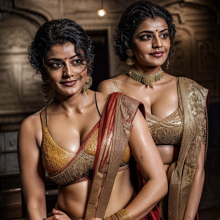 a beautiful indian woman, detailed face, weared lace sheer, low waist sari, deep cleavage, navel exposed, realistic, high quality, photorealistic, hyper detailed, intricate details, vivid colors, warm lighting, cinematic, dramatic composition, sensual, seductive