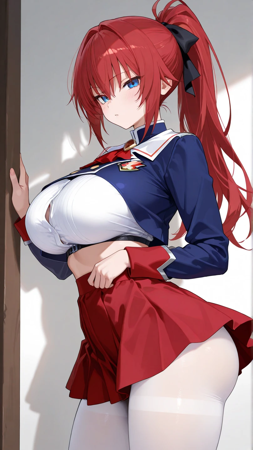 score_9, score_8_up, score_7_up, score_6_up, uncensored, Iris Midgar, red hair, long hair, braid, red eyes, BREAK (masterpiece:1.2), best quality, high resolution, (detailed eyes:1.3), perfect lighting, (perfect hands, perfect anatomy), large breast, 1girl, tail, piercing, breasts, black_gloves, gloves, navel, rating:questionable, looking_at_viewer, solo, skirt, pasties, standing, school_uniform, serafuku, thighhighs, parted_lips, animal_ears, shirt, revealing_clothes, blush, short_sleeves, pleated_skirt, skirt lift, excessive pubic hair peek, fundoshi, seductive smile, hearts, BREAK, from below, classroom, backlighting,