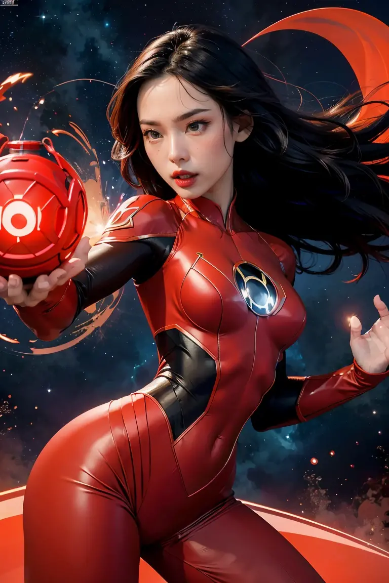 (best quality, 4k, highres, photorealistic), (concept art: 1.2), (bright colors: 1.1), (glowing effect: 1.1), (intense red: 1.2), (dynamic pose: 1.1), (powerful aura: 1.2), (fierce expression: 1.1), (sparkling eyes: 1.1), (flowing hair: 1.1), (ethereal beauty: 1.3), (background: cosmic scenery), (cosmic energy: 1.2), (vibrant stars: 1.1), (energy beams: 1.1), (futuristic technology: 1.2) An angry beautiful woman with lined lips, wearing a red bodysuit that tightly hugs her muscular and toned skin. Her outfit covers her navel and is adorned with intricate makeup designs. She is the iconic Red Lantern, a superhero from the DC Comics universe with extraordinary powers. This version of Red Lantern is a muscular and powerful female character, wearing an all-red uniform that accentuates her figure. Her bodysuit is fitted to her form, emphasizing her curves. The viewer's attention is drawn to her medium-sized breasts, which are beautifully detailed and add to her realism and overall aesthetic. As she looks directly at the viewer, her captivating gaze is enhanced by the realism of her eyes, which sparkle with intensity. Her expression is fierce and determined, displaying her unwavering dedication to protecting the innocent. The artwork is of the highest quality, with a resolution of 4K, showcasing every ultra-detailed aspect of the beautiful woman. The photorealistic style brings her to life, making her appear as if she could step off the canvas and into reality. The artist has captured the essence of red Lantern's power and aura, with a vibrant and dynamic pose. Her body emanates a powerful and glowing green energy, forming a captivating cosmic scenery background. The starry night sky is filled with vibrant and vivid colors, giving the artwork an otherworldly feel. The cosmic energy radiating from red Lantern is depicted through energy beams and futuristic technology surrounding her. The intensity of her power is further emphasized by the bright and glo