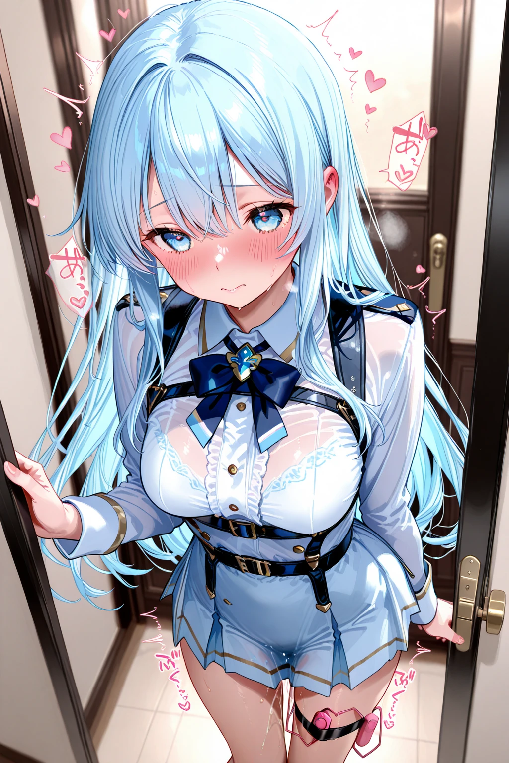 mastute piece,Best Quality,insanely detailed,8k cg,nsfw,
shoot upper body,(body in front:1.1),1girl,standing,looking at viewer,(see-through full-body-stocking),BREAK,blush,shy,ecstasy face,gasping,(trembling:1.2),light blue hair,break,open mouth,gorgeous-bedroom,
