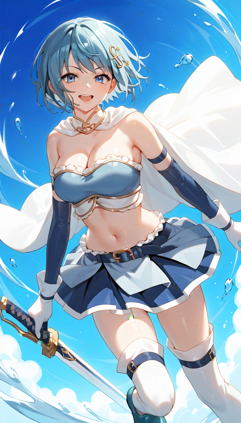 beautiful, masterpiece, Highest quality, anime, One girl, C Cup,Portrait Shot, View your viewers, Intricate details,>,((Covered、Short Hair、nearby、Blue Eyes、art、、White hair,Blue streaked hair、wallpaper、、hairpin、smile、Race Queen、Thigh、Knee-high boots、blue sky、smile、Bright atmosphere、Underskirt、grass、Armpit、Thigh_Sweat、navel、ArmpitSweat、