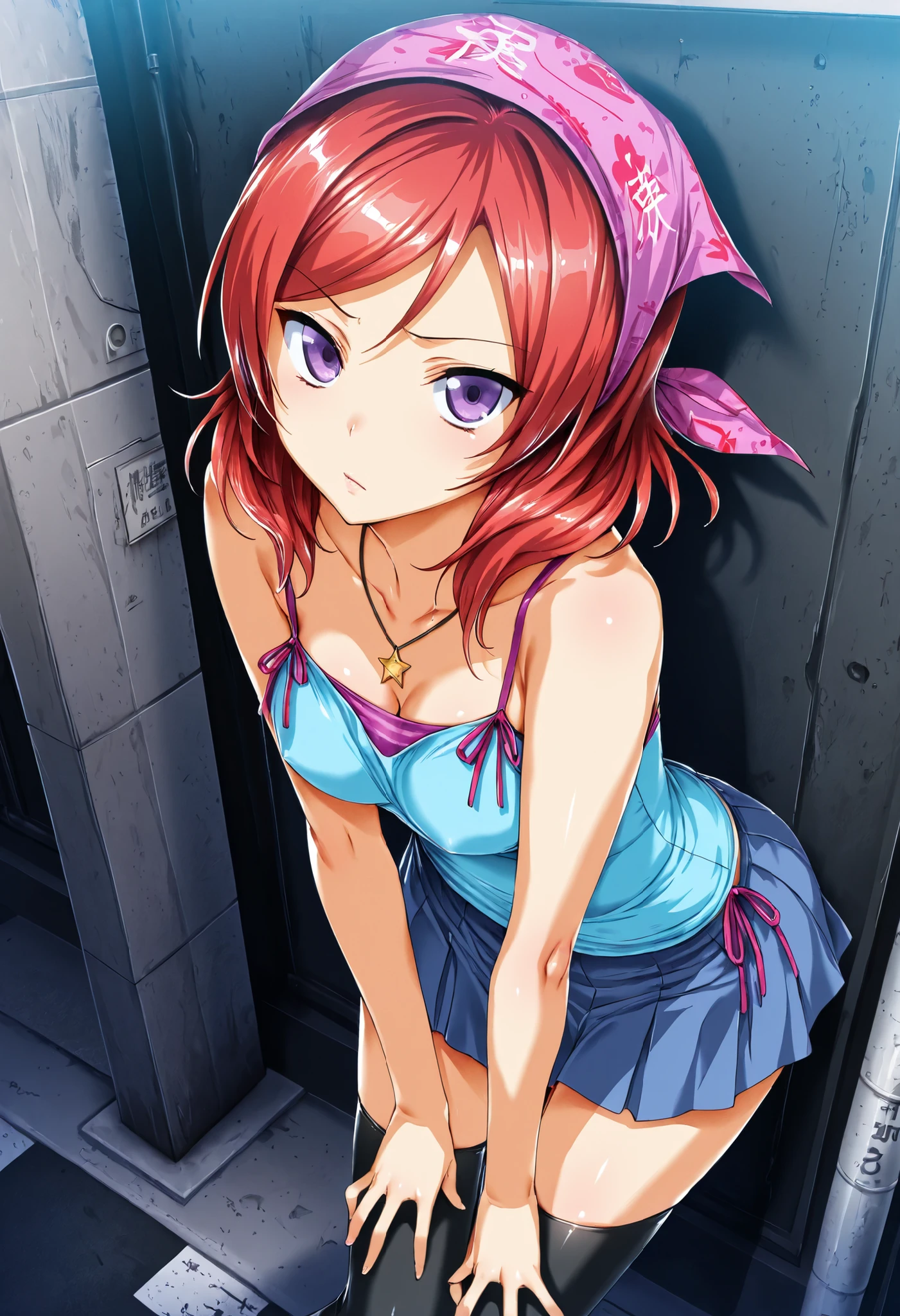Masterpiece, best quality, hisasi,standing, cowboy shot,nishikino maki,bandana,camisole, tube top, star necklace, black thighhighs, skirt,zettai_ryouiki, japan streets, looking at viewer,solo, on knees, lively image