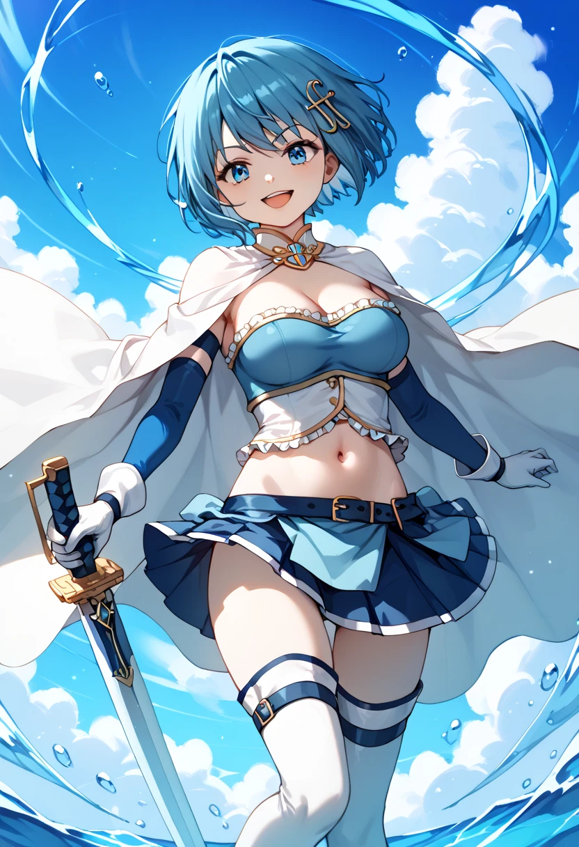 (intrincate details: "(a character in an realistic human style, woman has big blue eyes and blue hair, solo 1girl 18 years old, blue hair, cute, symmetrical face, covered nipples, firm breasts, ((slim build)), young woman, beak of pocky cat ears, white very short and slim crop top, (black short), looking at viewer, very short cowboy mini skirt, medium breasts, blue eyes, short hair, armor, very sexy, random angle view)