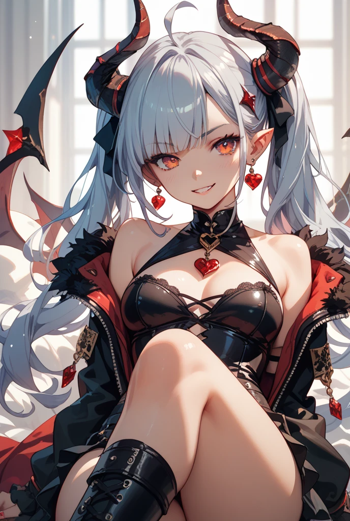 Red Throne sofa High level image quality best image quality 8K adult woman whole body view portrait pure red long gloves(elbow gloves) red long dress(slit) horn ears short hair((shortcut)(gray hair)(perm)(fluffy)) eye color is blue attractive evil face , face detail , smile , sexy pose , labrynth , erotic sitting styles , view all body from side , face focus , view legs