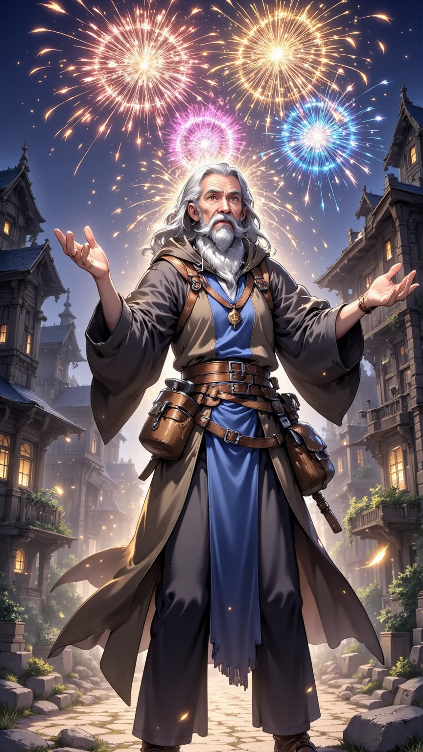 Nostlgic RPG Style, fireworks,A retired old magician sets off fireworks with magic