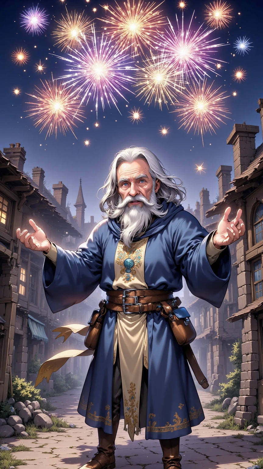 Nostlgic RPG Style, fireworks,A retired old magician sets off fireworks with magic