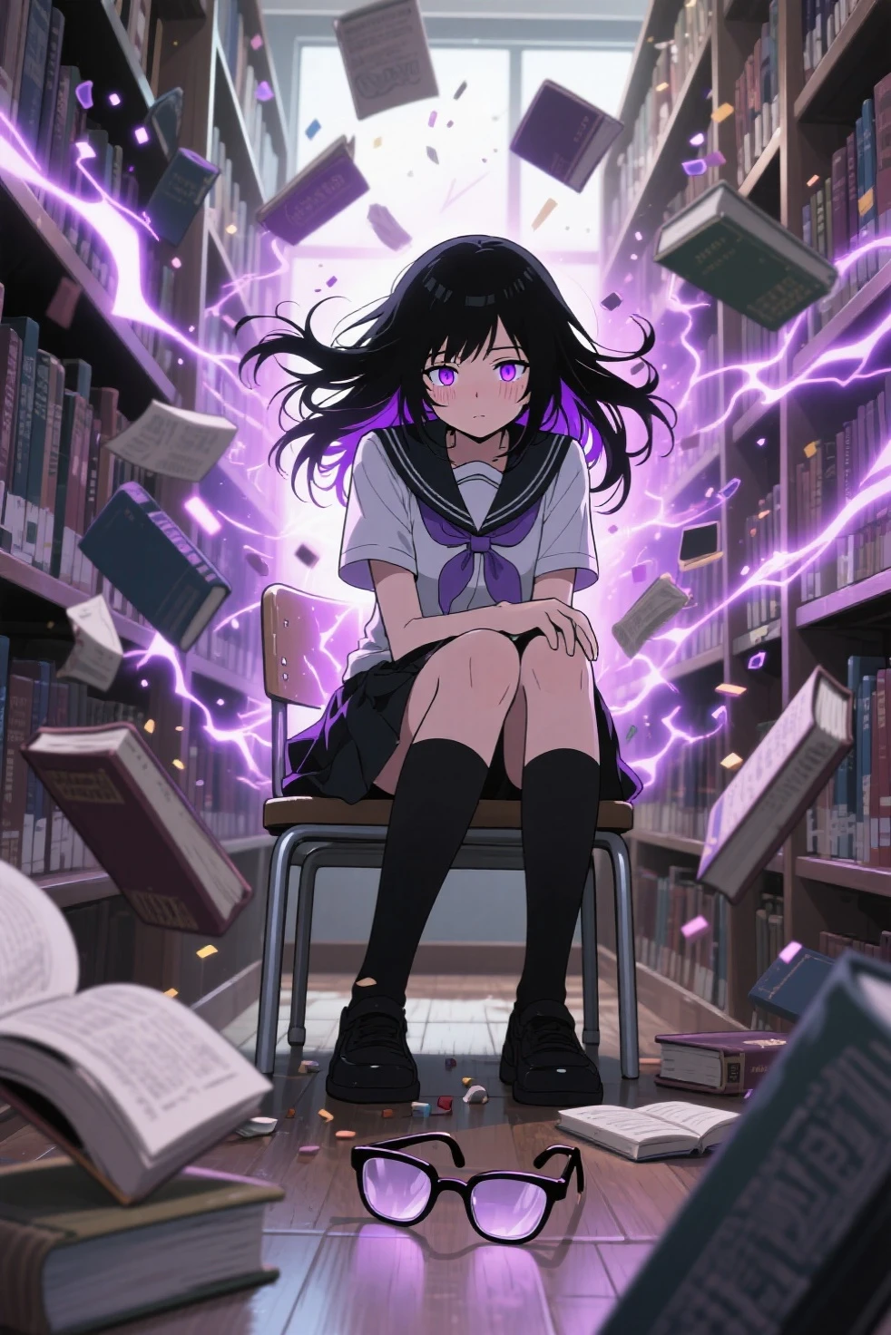 a shy japanese high school girl with long black hair, sitting in a library, her glasses have fallen to the floor, her eyes glowing intense purple, her hair floating wildly from energy, books flying around her from telekinetic aura, cinematic lighting, energy burst effects, magical particles, emotional intensity, manga style, dynamic composition, ultra detailed, anime cinematic scene, Mob Psycho 100 style + Jujutsu Kaisen vibe