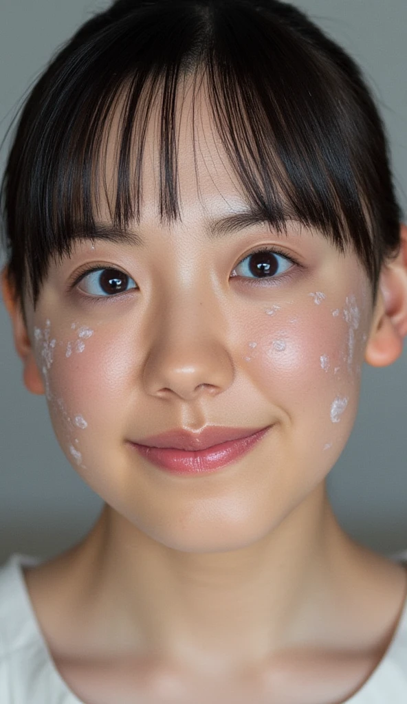 (table top、highest quality、8K、Award-winning work、ultra high resolution)、one beautiful woman、shiny hair、nude、bright and glossy lipstick、(the best smile looking at me:1.1)、(Show your beautiful teeth and smile big:1.1)、(A woman perfectly positioned right in front of you、have equal space above, Under, about.:1.1)、(shiny skin:1.1)、(close up of face:1.5)、(the simplest blurred background:1.1)、accurate anatomy、ultra high definition hair、Ultra high definition beauty face、輝くultra high resolutionの美肌、ultra high resolutionの艶やかな唇、(Face covered with a large amount of semen:1.5)、(Face facing straight ahead:1.1)、(body facing straight ahead:1.1)、(very bright and glowing skin:1.3)、(A very brightly lit face:1.2)