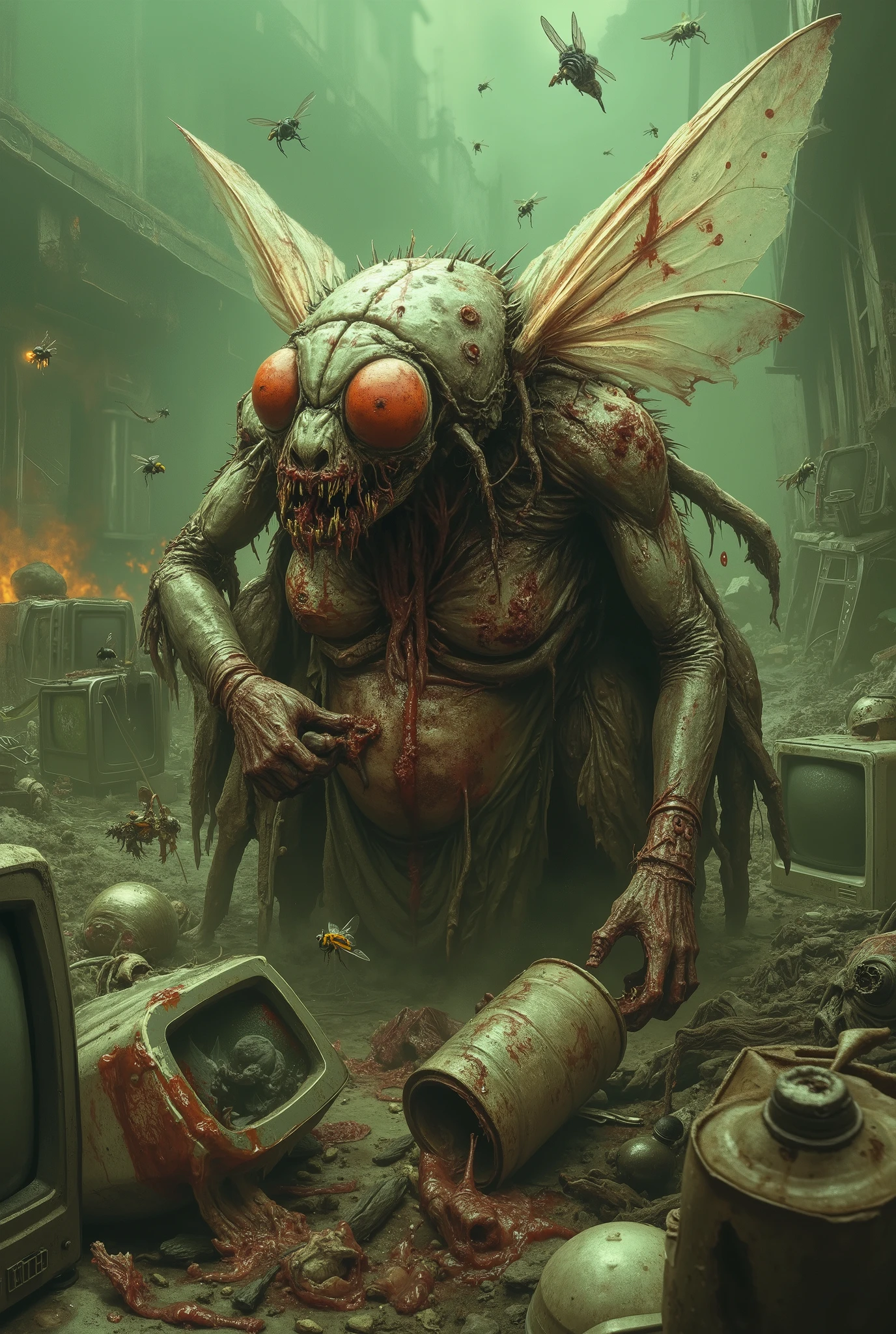 Close-up of a terrifyingly obese anthropomorphic zombie fly in a post-apocalyptic junkyard. Its bloated body is covered in oozing sores and rotting flesh, with huge, bulging red eyes and torn wings barely able to flap. It stands among overflowing trash piles, gnawing on decaying meat, surrounded by buzzing smaller flies. The air is thick with green toxic mist, broken TVs, rusty cans, and burning debris. Horror-surreal style.