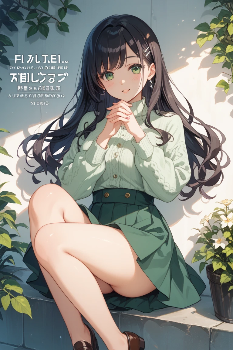 masterpiece, best quality, high resolution, kr1, green eyes, thin bangs, red hanfu, skirt, sweater, pleated skirt, stockings, small breasts, ((body lying 1.2)), hands on hips,
