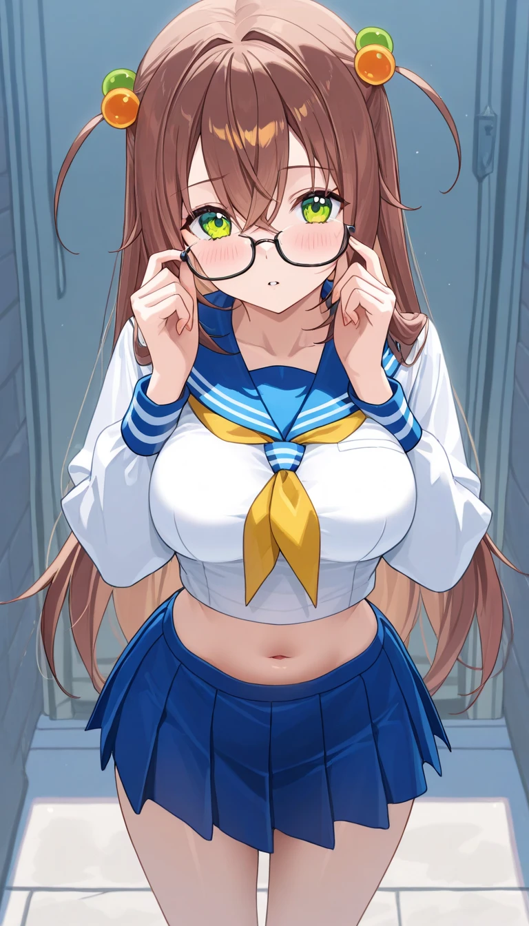 woman,14 years old,,city,night,(((white and blue tight miniskirt bodysuit))),,open mouth smile((See-through))(((glasses))),((beautiful long ponytail)),(()),blush、surprised face,((())),((blonde))(((On the way to changing clothes)))(((While taking off my clothes)))