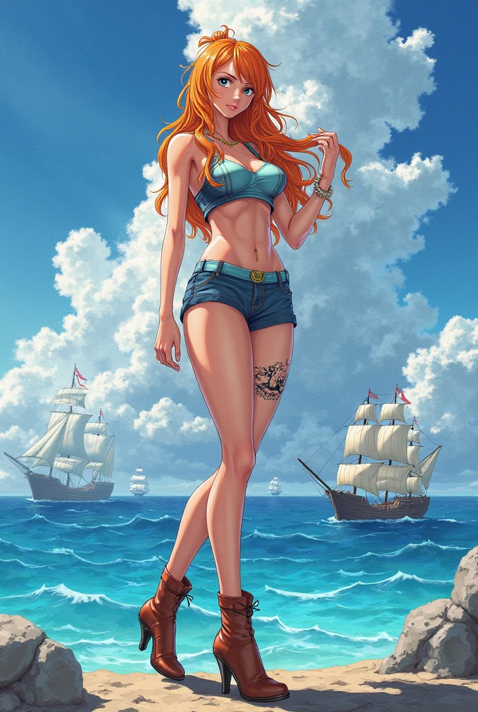 (((masterpiece+best quality+high resolution+ultra-detailed))), 1girl with clima-tact, Nami, long silky orange hair, high nose, sharp eyes, noble and inviolable temperament, (([female]: 1.2 + [beauty]: 1.2 + orange long hair: 1.2)), pirate ship background, blue sky, clouds, log pose, gold bracelets, revealing green and white bikini halter top, tight low-rider jeans, shoulder tattoo, bright eyes, dynamic angle and posture.