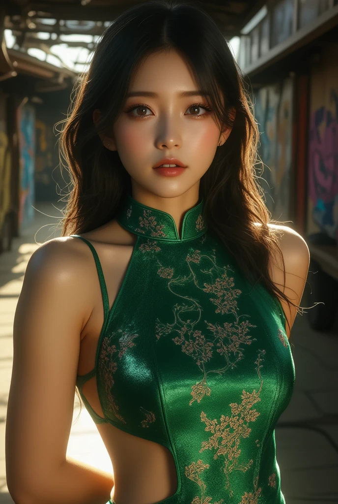 (((Night street situation:1.5))), photorealistic, (8k, RAW photo, best quality, masterpiece:1.2), High detail RAW color photo, professional photograph, full body, (realistic, photo realistic:1.37), cinematic light, (finery detailed face:1.2), white skin, real human skin, (detailed face), oval face, pores, ultra high res, BREAK, thigh 1girl, elegant beauty:1.37, very cute, very beautiful, photo realistic, Beauty event companion, 38-48 years old:1.37, curby:1.15, (medium-breast:1.37, cleavage:1.37), (looking straight at viewer with a serene and goddess-like happiness:1.2), (beautiful thin hair, shiny-blonde hair), (lifter gloss, eyelashes, gloss-face, best quality, ultra highres, Broad lighting, natural shading), BREAK, (seductive look, (gorgeous green floral printed Chinese traditional dress:1.3, detailed velvet dress:1.3)), BREAK, ((detailed expression:1.3, shy, light smile:1.3, happy;1.3, closed mouth:1.3, blush, in heat, presenting)), BREAK, ((Night street view:1.5, indoor, night, star, starry, moody lighting:1.5, cinematic light)), ((standing, sexy random posing:1.3, arms behind back on head:1.3)), blurry background, bokeh, depth of field, (full body:1.3), centered image, perfect anatomy, perfect proportion,