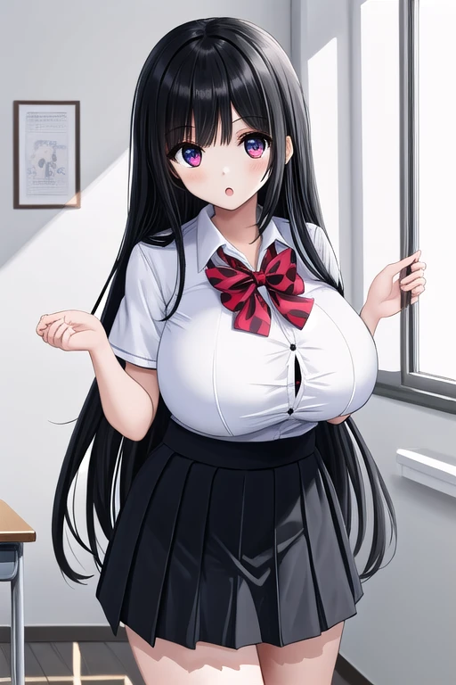 (8k, highest quality, masterpiece:1.2),\(Narrow eyes),(\(Garment Details\)\),Cowboy Shot,(Huge boobs) ,Very detailedなCG Unity 8k 巨大なファイルサイズ,Very detailed,High resolution,Absurd,Beautiful Eyes,Ray Tracing,Dramatic Shadows,finely,Hyper Detail,(1 girl:1.3),(alone)、(Black princess cut long hair)、(Light pink ruffled latex shirt),(Heart button on shirt),(Cute latex mini skirt with frills)、blush、Sweat、Thick thighs、hot、((Haa))、((Simple Background))、Knee socks、Face the front of your body towards the viewer、Wide Hips、Sexy、Very wet、Open your mouth wide、((Keep your hands behind your head))、((Face forward and spread your legs wide))、((Squat))、Amazed expression、spoken heart 