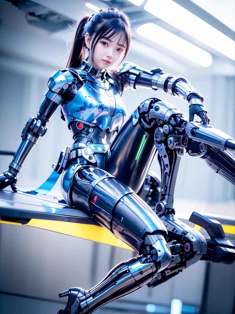 masterpiece, best quality, extremely detailed, Japanese android girl,Plump,control panels,Squat,Mechanical Hand,Robot arms and legs, black sponge joints,blunt bangs,white robot body,ceramic body,white long boots,perfect cyborg girl,charging spot,She is charging now,blue eyes,holding spear,wings,spread wings,with obotic helmet gear