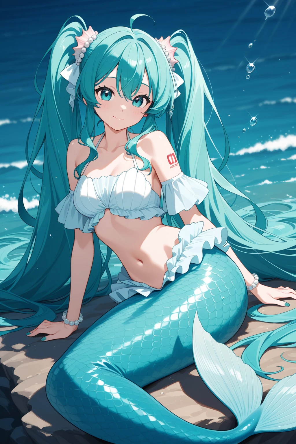 Masterpiece, best quality, expressive eyes, perfect face, mermaid, 1girl, monster girl, solo, head fins, long hair, breasts, blue hair, star hair ornament, navel, shell bikini, stony shore background, shell, smile, hair ornament, ocean background