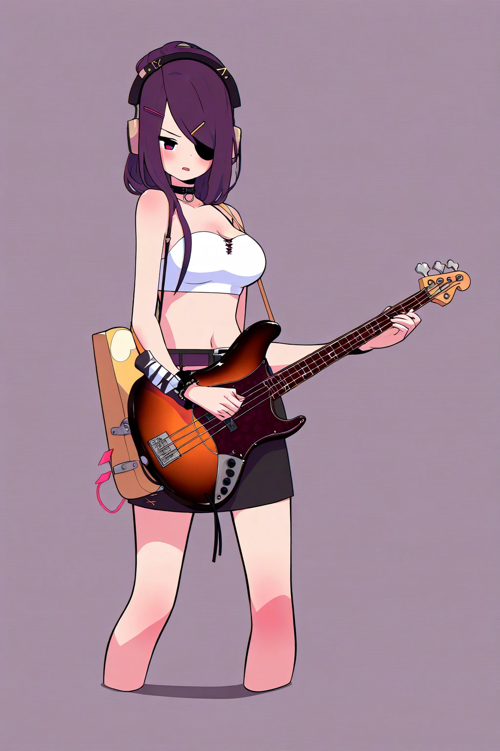 1girl, neko-chan, colorful bikini, black hair, play electric guitar, Best Shadows,  (Highest Quality, Amazing Details:1.25),  Brilliant Colorful Paintings, lineart