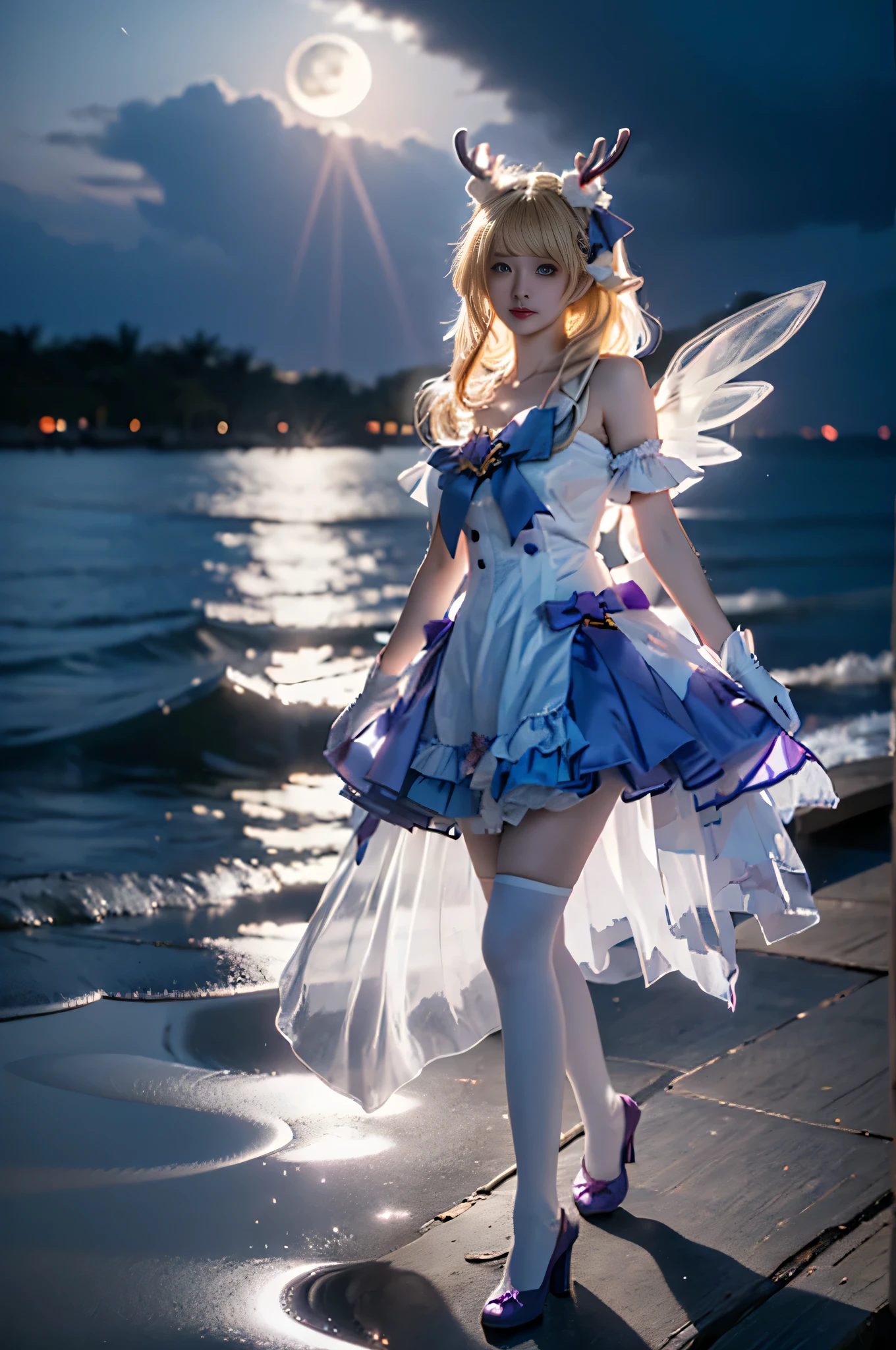 yao cosplay costume, cosplay, blonde hair, dress, gloves, white gloves, antlers, animal ears, horns, bow, hair ornament, wings, thighhighs, white thighhighs, purple high heels
 ,,((full body, from below)), (masterpiece, best quality, ultra-detailed, 8k), realistic, a beautiful sexy long-legged model on a tropical beach, (I-type Valley), (Full breasts, visible cleavage, very short skirt hem, exposed shoulders), (Tyndall Effect), (At night,:1.3 moonlight:1.3), standing in shallow water, one hand playfully lifting her hair, the other gently raising the hem of her flowing summer dress, seductive pose, perfect and symmetrical leg anatomy, glistening water, soft natural lighting, (wind blowing gently:1.1), (ambient lighting:1.2), bokeh, cinematic shot, dynamic angle, professional photography, shallow depth of field, sharp focus, vibrant colors, (slightly tanned skin:1.1), (natural makeup:1.1), (delicate features:1.1), (ocean waves gently lapping at her feet:1.1)