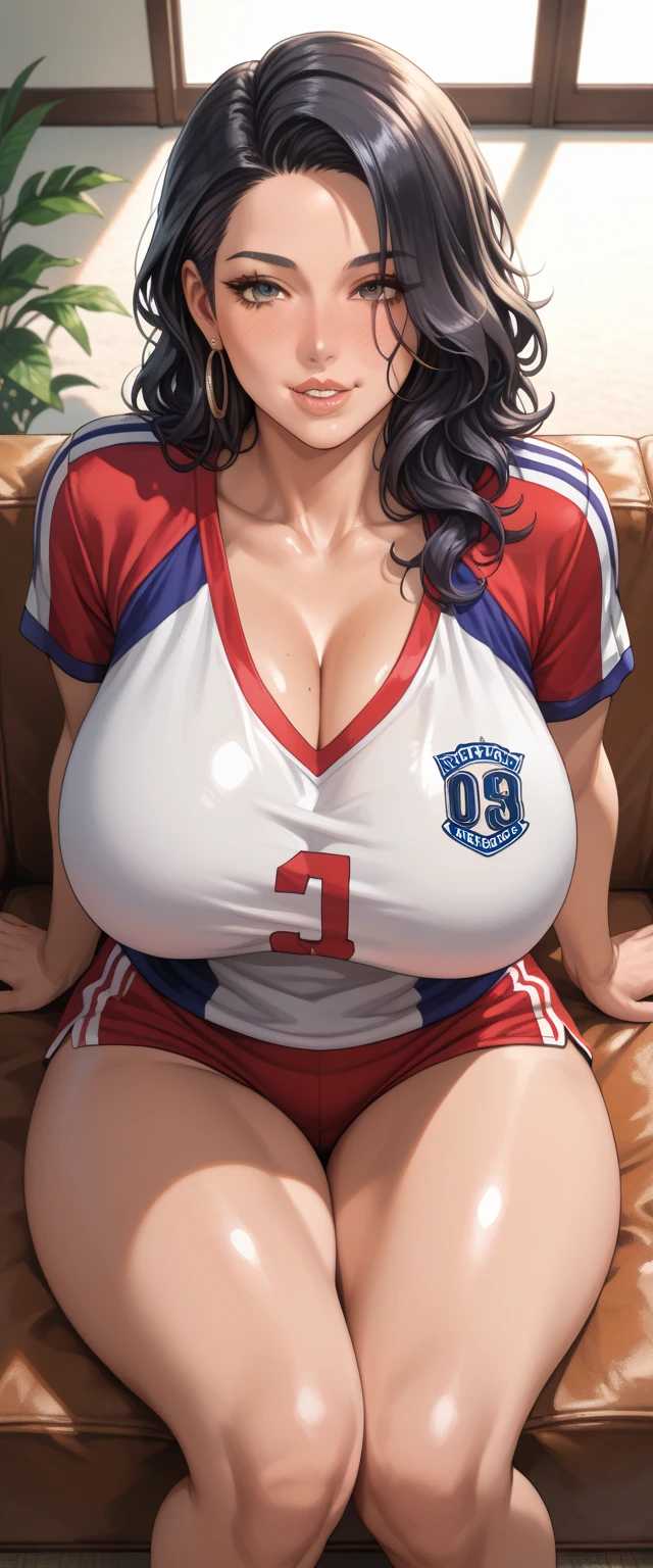 1girl,masterpiece,beautiful,realistic,(super huge fake breast:1.1),wearing a ( England national soccer sport wear) wear, located by the Livingroom, (W cup Breast),sitting on the chair,photoshoot,plain background random color,facing forward,looking at the audience,plain random color walls,smiling,sit up straight,behind the girl there is nothing,