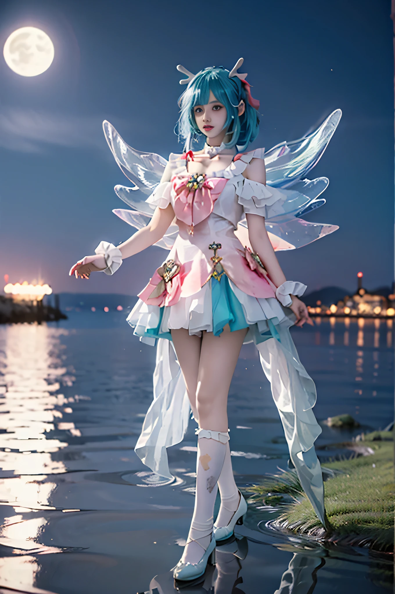 yao cosplay costume, aqua hair, dress, shoulder cutout, frills, choker, wrist cuffs, antlers, horns, bow, wings, hair ornament, animal ears, hair bow, hairclip, socks, kneehighs, shoes, high heels
,,((full body, from below)), (masterpiece, best quality, ultra-detailed, 8k), realistic, a beautiful sexy long-legged model on a tropical beach, (I-type Valley), (Full breasts, visible cleavage, very short skirt hem, exposed shoulders), (Tyndall Effect), (At night,:1.3 moonlight:1.3), standing in shallow water, one hand playfully lifting her hair, the other gently raising the hem of her flowing summer dress, seductive pose, perfect and symmetrical leg anatomy, glistening water, soft natural lighting, (wind blowing gently:1.1), (ambient lighting:1.2), bokeh, cinematic shot, dynamic angle, professional photography, shallow depth of field, sharp focus, vibrant colors, (slightly tanned skin:1.1), (natural makeup:1.1), (delicate features:1.1), (ocean waves gently lapping at her feet:1.1)