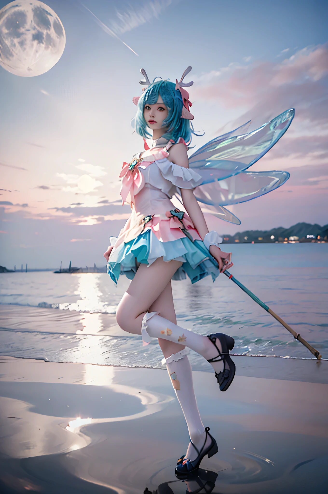 yao cosplay costume, aqua hair, dress, shoulder cutout, frills, choker, wrist cuffs, antlers, horns, bow, wings, hair ornament, animal ears, hair bow, hairclip, socks, kneehighs, shoes, high heels
,,((full body, from below)), (masterpiece, best quality, ultra-detailed, 8k), realistic, a beautiful sexy long-legged model on a tropical beach, (I-type Valley), (Full breasts, visible cleavage, very short skirt hem, exposed shoulders), (Tyndall Effect), (At night,:1.3 moonlight:1.3), standing in shallow water, one hand playfully lifting her hair, the other gently raising the hem of her flowing summer dress, seductive pose, perfect and symmetrical leg anatomy, glistening water, soft natural lighting, (wind blowing gently:1.1), (ambient lighting:1.2), bokeh, cinematic shot, dynamic angle, professional photography, shallow depth of field, sharp focus, vibrant colors, (slightly tanned skin:1.1), (natural makeup:1.1), (delicate features:1.1), (ocean waves gently lapping at her feet:1.1)