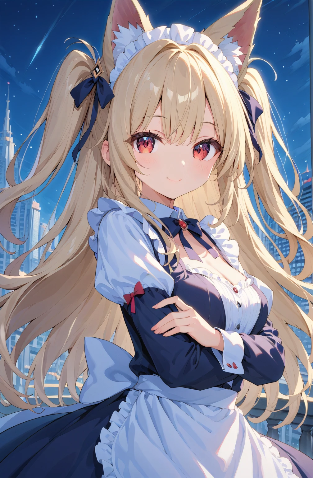 soles, masterpiece, 1 person, solo,Asuka Langley,  hair inhalation, face up, blue sky, glow white particle, (sidelighting:1.2), sun rise , pink cloud, detailed clouds, slender, Lovely small exposed breasts, super cute smile with teeth, red cheek, blushing, beautiful hair, deep shiny blue eyes, cute girly pause, Draw breasts inward and push them up, cleavage, choker, pink see-through blouse , blue tie, blue red with naughty white frills , white belt, on the roof of building, super detailed beautiful city view background, wide shot, 