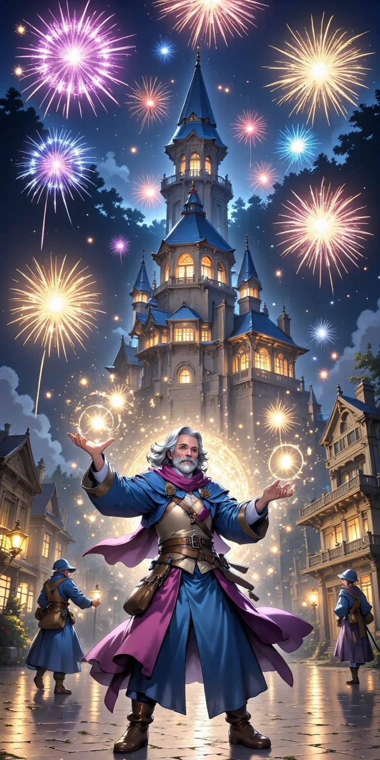 Nostlgic RPG Style, fireworks,A retired old magician sets off fireworks with magic, Theme park at night