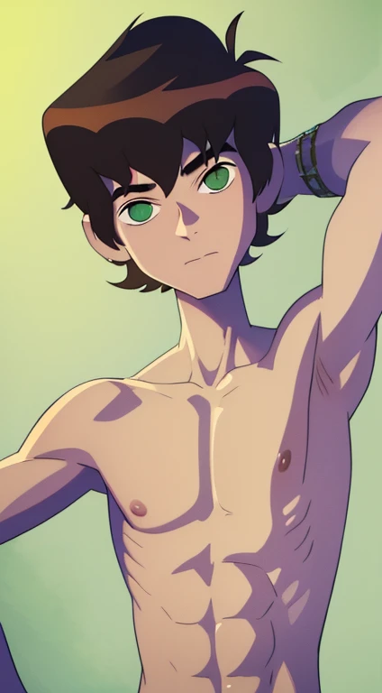 highres, monochrome,tcoaal, solo, looking at viewer, short hair, shirt, 1boy, Young boy, Andy graves, hair between eyes, closed mouth,black hair, green eyes, Slim body, (Thin body), Shirtless, ???????, Bare chest, (Showimg armpit:1.3), Shy, male focus, Sweat, Simple background, messy hair, bright pupils, outline, white pupils, white outline,