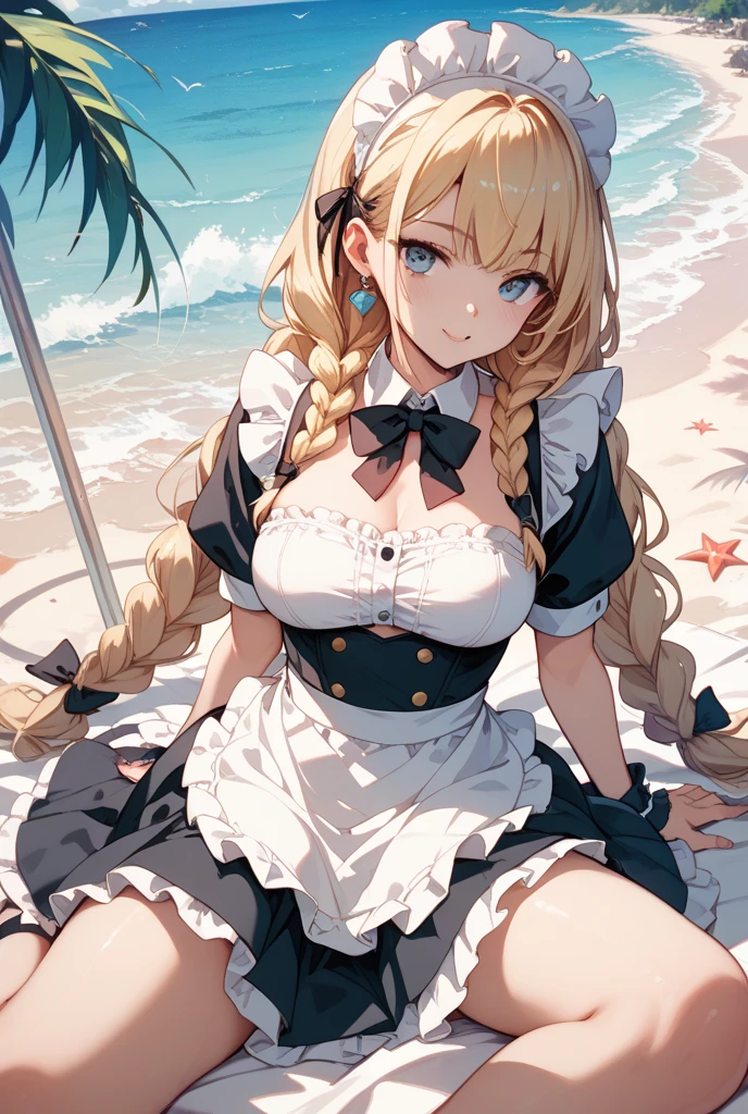 masterpiece, best quality, highly detailed, ultra high res, ayase arisa, 1girl, solo, blue eyes, hair ornament, blonde hair, long hair, blush, glossy lips, maid, short skirt, maid apron, cleavage, (quicksand:1.3)