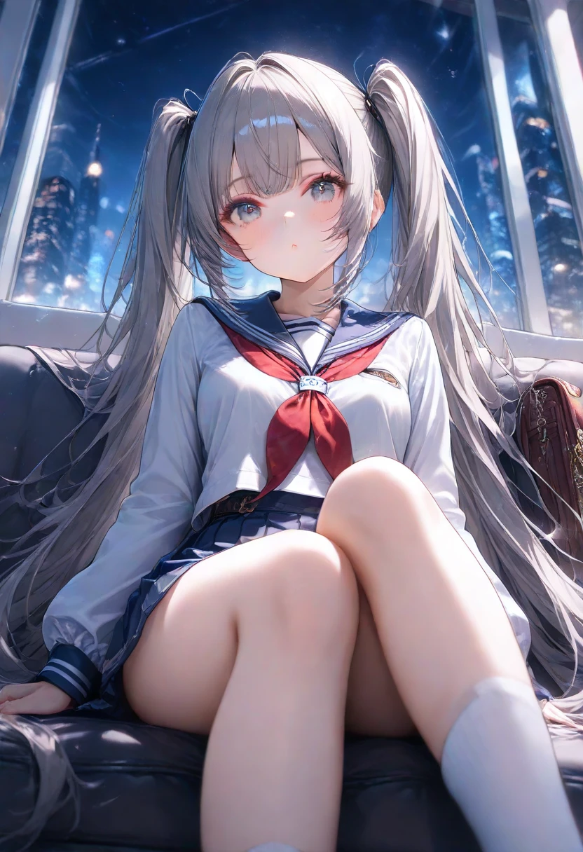 (8K, Highest Quality, Best:1.3)), Ultra High Resolution, (1 girl, 1 person), (Color changing eyes, Super detailed, Expressive glow, Sparkling, Glowing eyes), High definition eyes, High definition face, Random hair, (Silver gray color), "Sailor suit woman exposing her underwear". The background is the rooftop of a school, with the sky spreading, fences and benches. After school, the light of the sunset softly illuminates the woman's figure. The woman is sitting with her silver hair spread and her legs spread. She is wearing a white and navy sailor suit with a large opening at the chest. The chest of the sailor suit is exposed and emphasized, and a cute pale pink bra is visible underneath. The bra has a frill and ribbon design. The skirt of the sailor suit is slightly lifted, and the skirt above the knees is fluttering in the wind. Her wet panties are exposed. Her expression is a relaxed smile with a slight blush. The warm light of the sunset softly illuminates her skin, adding a mysterious glow to the whole expression.