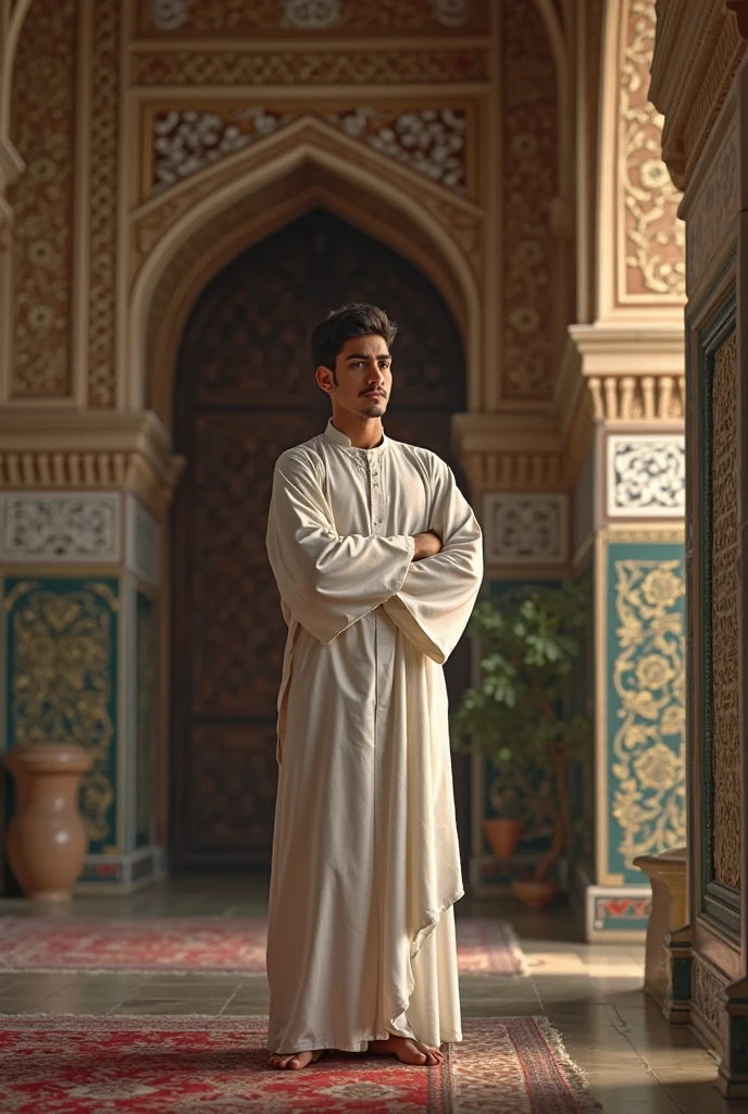 ((best quality)), ((masterpiece)), (detailed), perfect face A 21-year-old boy is standing in front of the mosque. Eid moon is rising in the sky, Eid Mubarak is written in the sky. the boy is wearing Punjabi clothes.