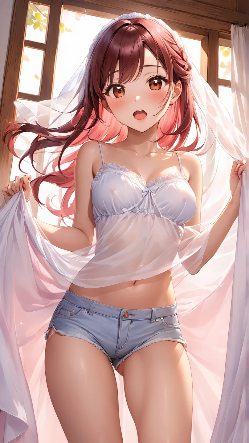 1girl, anime girl, anime, (dark skin), stylish girl, 2d girl, 18y, (fullbody), in bed, anime girl, seductive smile, (orange hair), ((white blouse)), (((white panties))), (((see-trough panties))), Solo, Slim, Big Breasts, sitting on the bed, night background through the window, looking at viewer, (((spread legs))), (((Wedgie))), (((absurdres))), (((cameltoe))),
