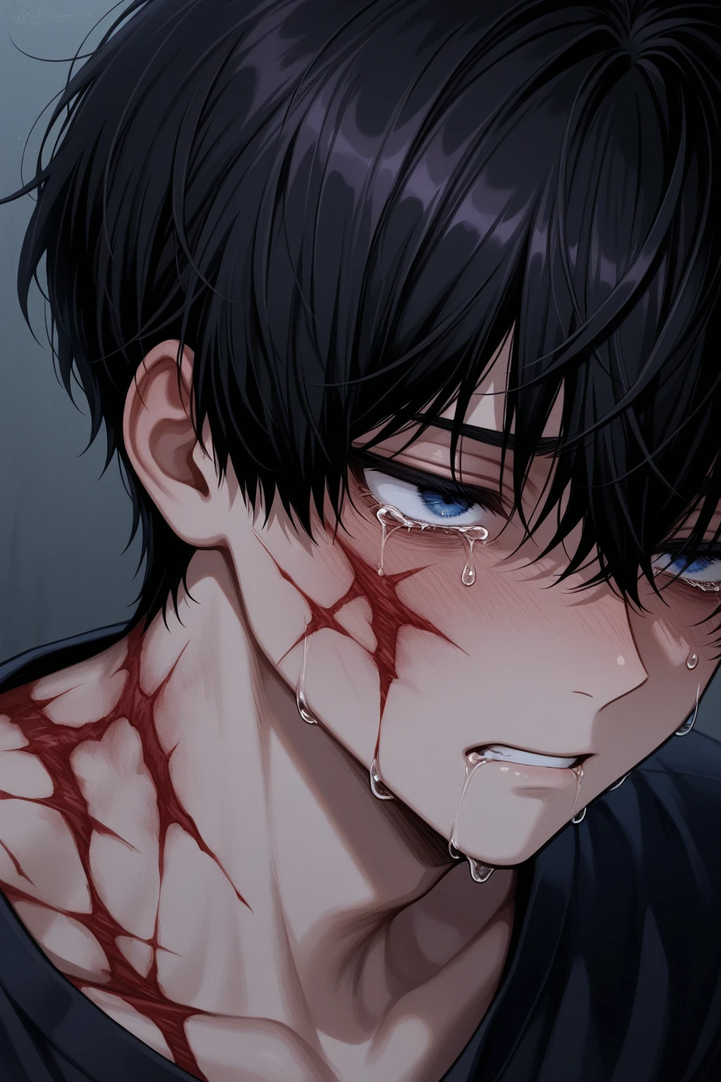 Cool guy、Look Up、Eyes wide open、I have an injury on my face、White shirt、Face close-up