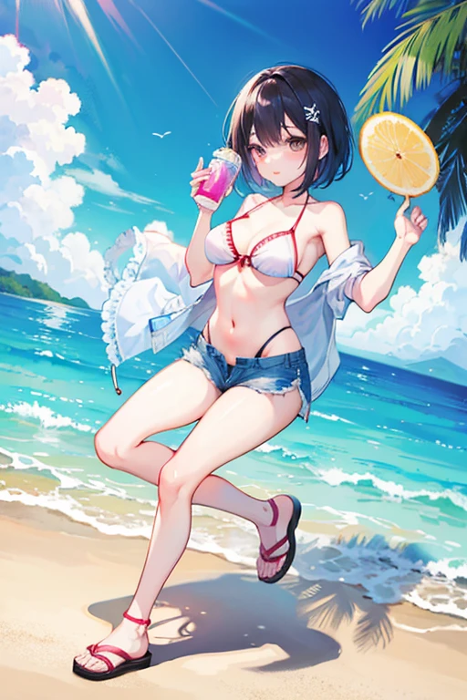 outdoors, swimsuit, breasts, beach, shorts, bikini, denim, long hair, blue eyes, looking at viewer, animal ears, denim shorts, solo focus, day, navel, smile, multiple girls, rabbit ears, parted lips, holding, short shorts, bare shoulders, medium breasts, cleavage, sitting, bare arms, stomach, blush, 2girls, collarbone, ocean, umbrella, very long hair, frills, sunlight, thighs, open fly, grey hair, beach umbrella, bottle, halterneck, beach chair, frilled bikini, cloud, string bikini, sky, sand, bangs, water, highleg, cutoffs, front-tie top, extra ears, animal ear fluff, blue shorts, blue sky, holding bottle, towel, lotion, grin, beach towel, lotion bottle, black bikini, front-tie bikini top, micro shorts, sunscreen, open clothes, white hair, 3girls, tan, cowboy shot, hand up, rabbit girl, torn shorts, chair, highleg bikini, lips, open shorts, large breasts, unbuttoned, horizon, sidelocks, bikini top only, dark skin, teeth, blue bikini, shiny, dutch angle, dark-skinned female, light rays, 1girl, armpit crease, lounge chair, shadow, bare legs, shade, white bikini, open mouth, arm support, blanket, black hair, shiny skin, fingernails, brown hair, tanlines, solo, midriff, bikini under clothes, parasol, torn clothes, ass, standing, nail polish, underwear, black shorts, strap gap, skindentation, kneeling, seiza, mole, pink hair, cloudy sky, head tilt, 1boy, short hair, bow, panties, :d, grey bikini, unzipped, white background, lens flare, groin, simple background, red hair, sunbeam, water bottle, out of frame, dappled sunlight, hair between eyes, shiny hair, shore, no shirt, grey shorts, small breasts, reisen udongein inaba, closed mouth, viera, cooler, sun,