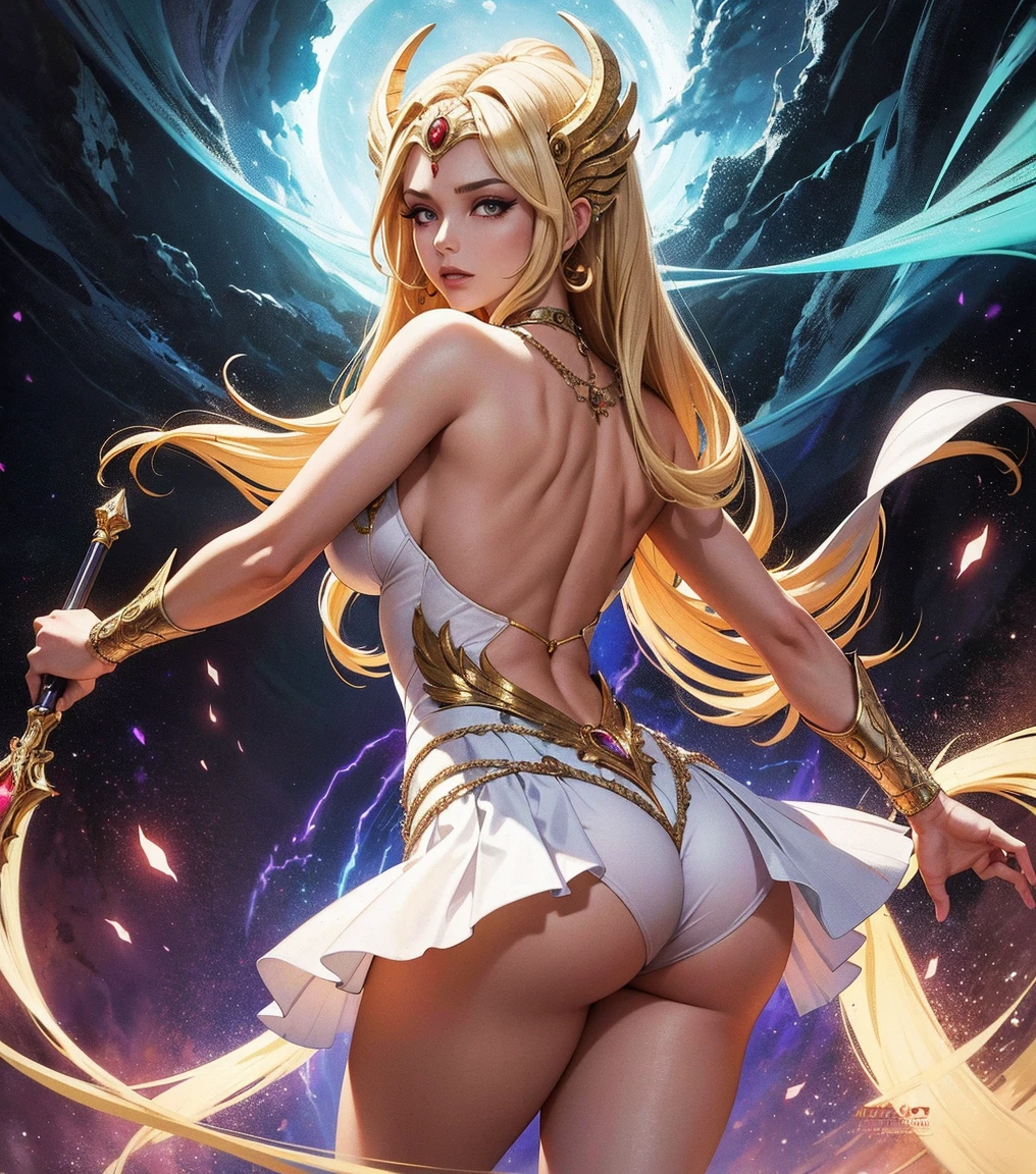 comics,(Highest quality:1.15), (masterpiece:1.17),
SheRaQuiron Character, One girl, blue eyes, rampage,shoot from below, wind from below,(white panties),up skirt,open thighs,