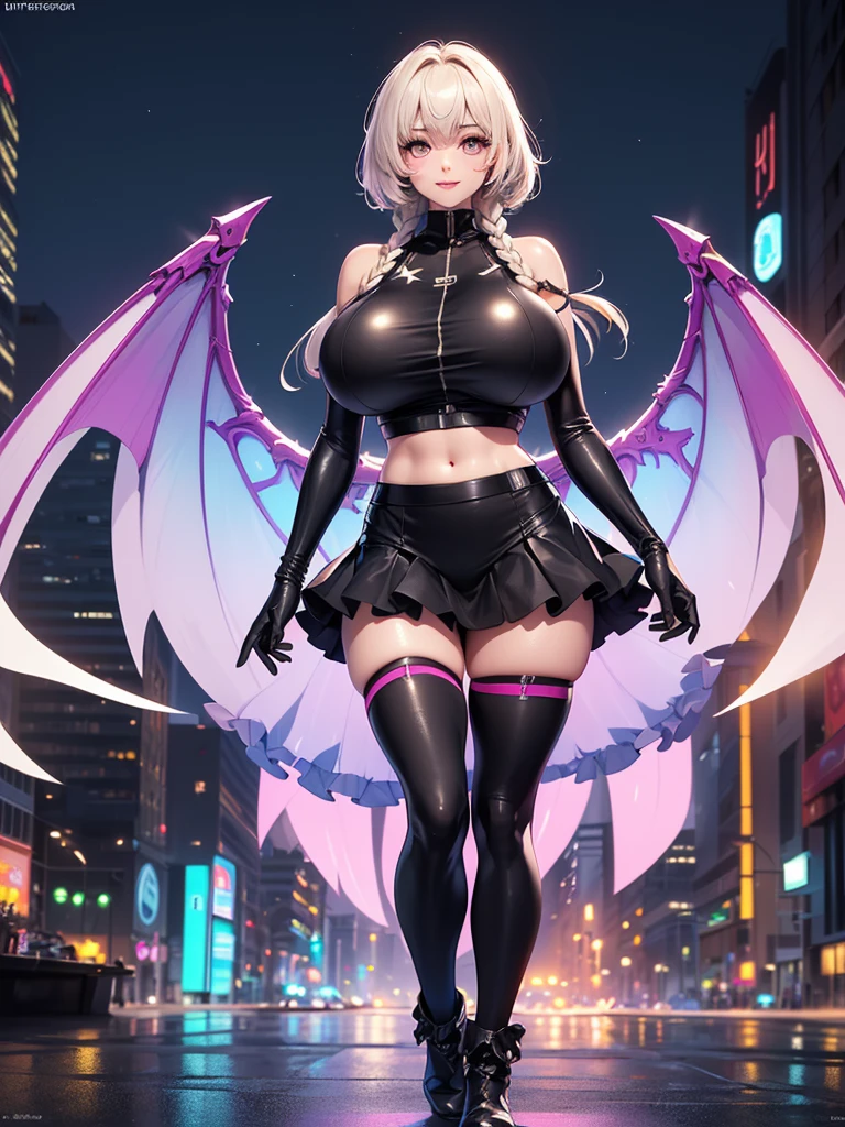 a cyberpunk succubus, pastel candygoth, detailed metal horns, curvaceous but slender body, hands on hips, contrapposto, big breasts, (nude), big gorgeous eyes, :o, realism, ultra-detailed, natural lighting, detailed metal bat wings, rooftop, city skyline